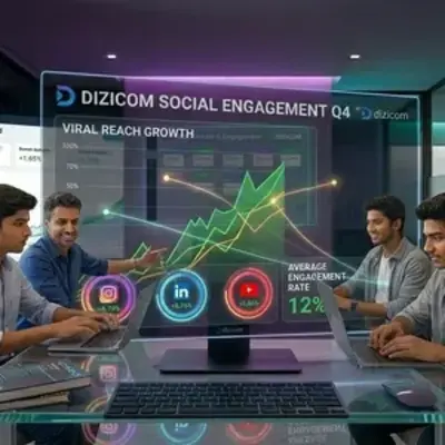 A digital marketing team analyzing a holographic social media engagement chart with Instagram, LinkedIn, and YouTube icons for Dizicom.