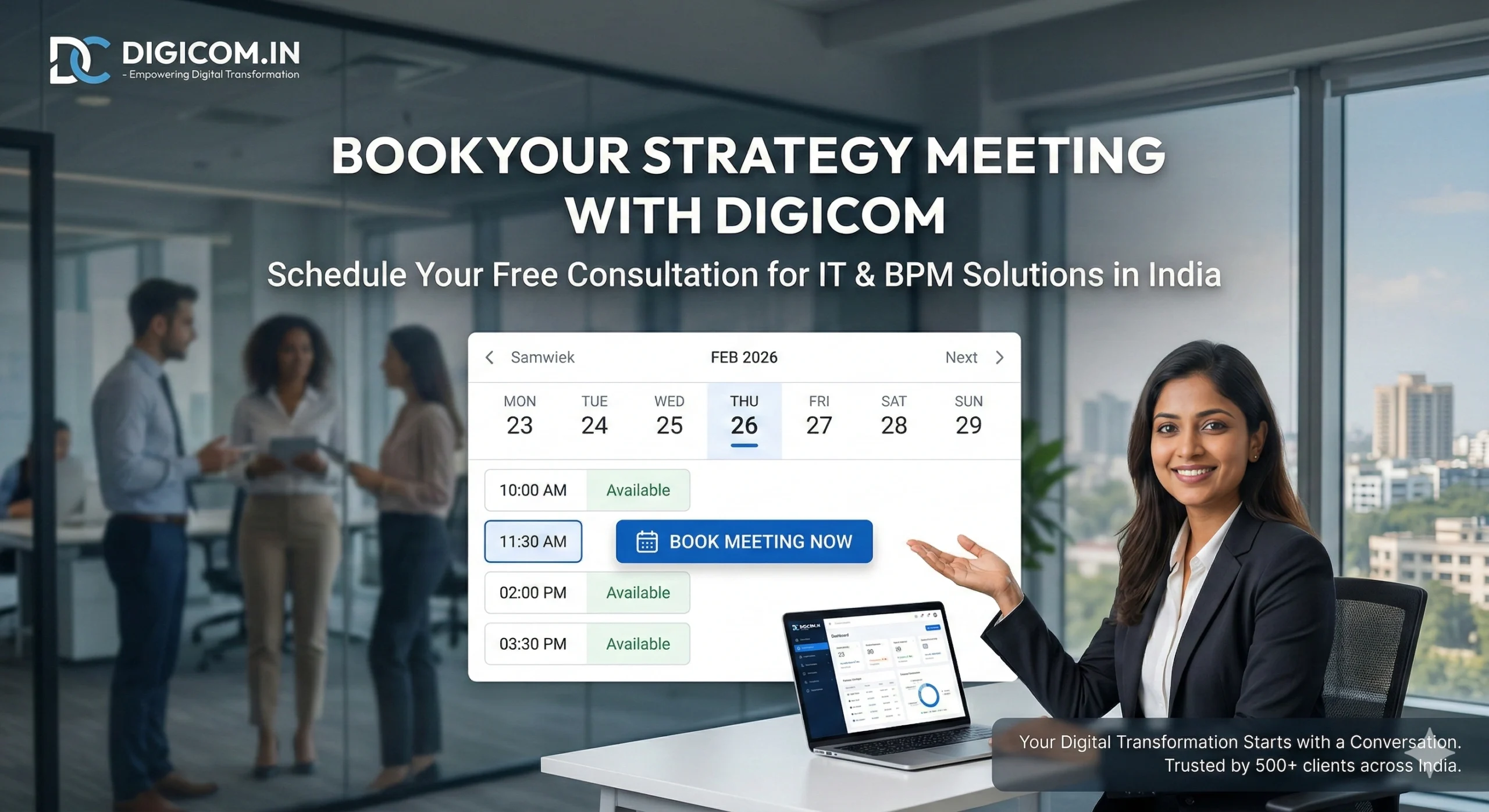 Dizicom digital marketing agency India strategy meeting booking consultation website design and online business growth services